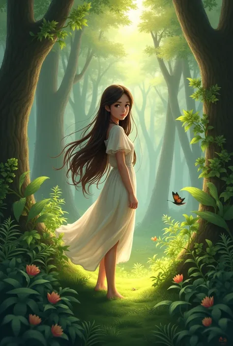 A brunette girl standing in Forest 