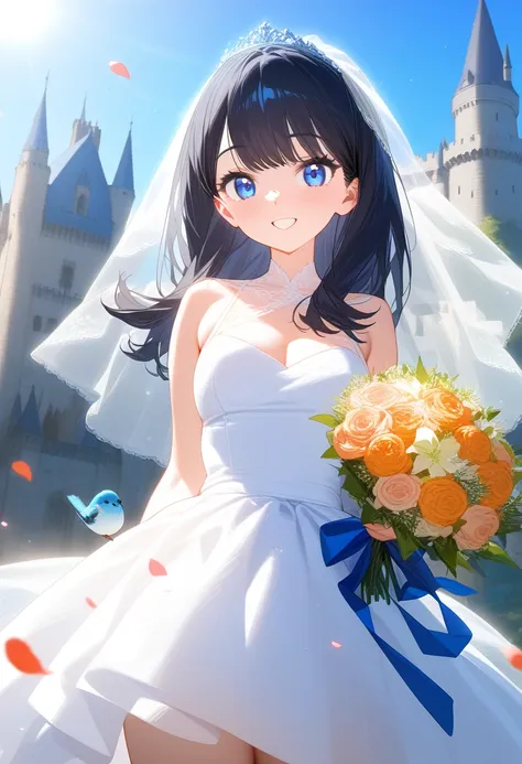 solo,1girl,takarada rikka, blue eyes, black hair, long hair, bangs, ultra-detailed,masterpiece,best quality, a line wedding dres...