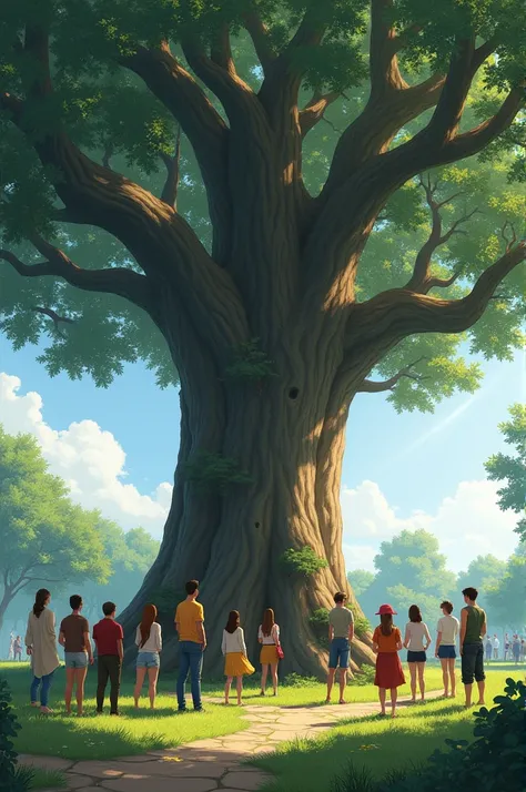 People stand around looking at a big tree.