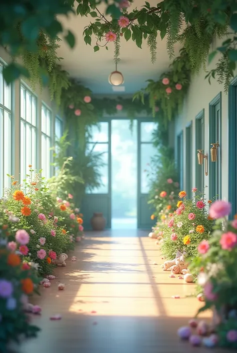 An empty school hallway, Very beautiful, havia decorações de flores e plantas junto com alguns bonequinhos espalhados por alguns lugares e o corredor é Very beautiful