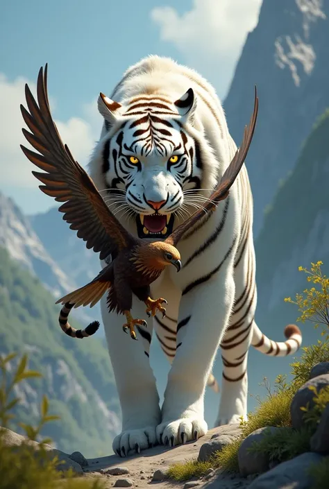 White tiger with an eagle in its mouth 
