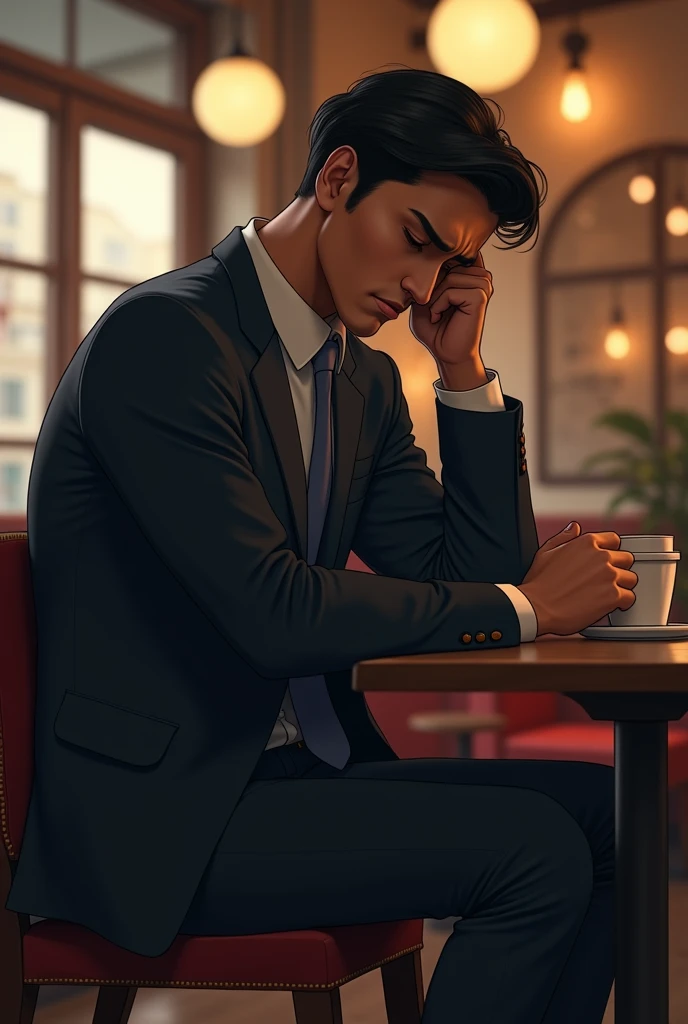 Worried man in suit and black hair looks at the floor in a cafe 