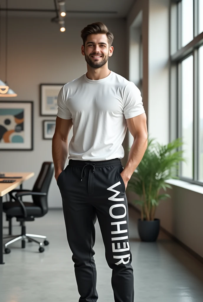 Create an image of a young man who is wearing a white T-shirt and black pant with MGI Machinery written on it and that boy is in an office.