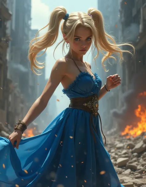 masterpiece, Best Quality, Bubble, Blue Dress, Blonde twin tails, Beautiful face, Highly detailed eyes, Intense gaze, fighting pose destroyed city, A distant fire, Rising Smoke, 