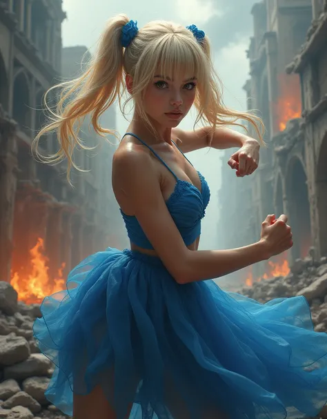 masterpiece, Best Quality, Bubble, Blue Dress, Blonde twin tails, Beautiful face, Highly detailed eyes, Intense gaze, fighting pose destroyed city, A distant fire, Rising Smoke, 