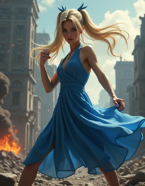 masterpiece, Best Quality, Bubble, Blue Dress, Blonde twin tails, Beautiful face, Highly detailed eyes, Intense gaze, fighting pose destroyed city, A distant fire, Rising Smoke, 