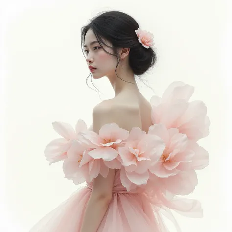 A beautiful blend of pencil sketch and oil painting by the brilliant artist Sozdatel, featuring a beautiful young woman wearing a graceful white and pink dress inspired by peonies. The smooth transition between sketch and painting creates a voluminous, flo...