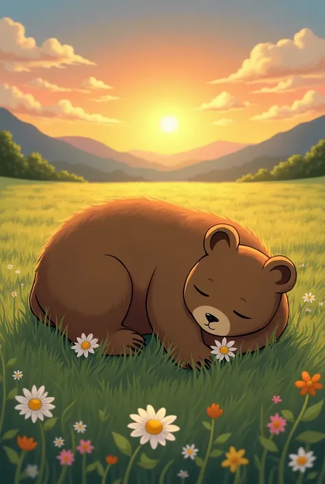 Draw an adorable bear sleeping next to a white daisy flower in front of a spacious meadow with a sunset above them, in the style of anime studio ghibli but a little bit realistic 
