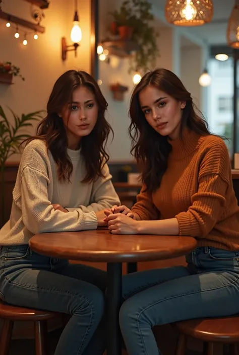 "Generate an image of a 2 brunette woman, 1.71m tall, with light brown skin and C cup breasts, sitting at a cozy table in a cafe. She is dressed casually in a soft sweater and fitted jeans that complement her figure. The atmosphere is warm, with wooden tab...