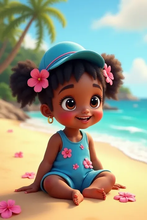 Child with black skin on the beach with pigtails in blue clothes with pink flowers, , with hat 