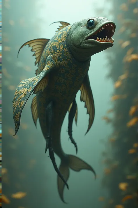 A fish with leg and teeth. In stylies cloth