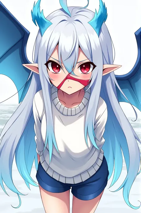 Anime style panel a girl, long hair, pointed at the bottom, white hair with blue tips and blood red eyes, a scar covering half of her face on the left side, elf ears, blue wings, when she gets angry or excited her hair turns into white fire, wears a red mu...