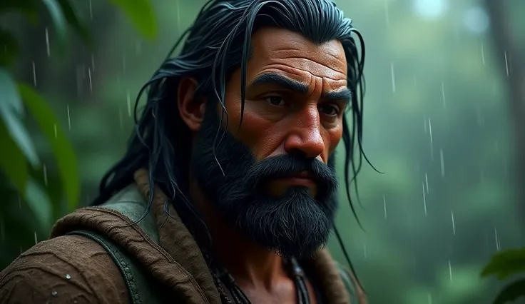 Generate 3d animated image of Indian folk hunter with black beard and hair was shivering from cool in rain in the forest  face closeup