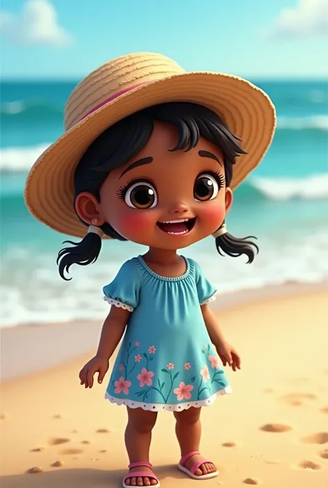 Child with black skin on the beach with pigtails, blue clothes with pink flowers, , with straw hat 