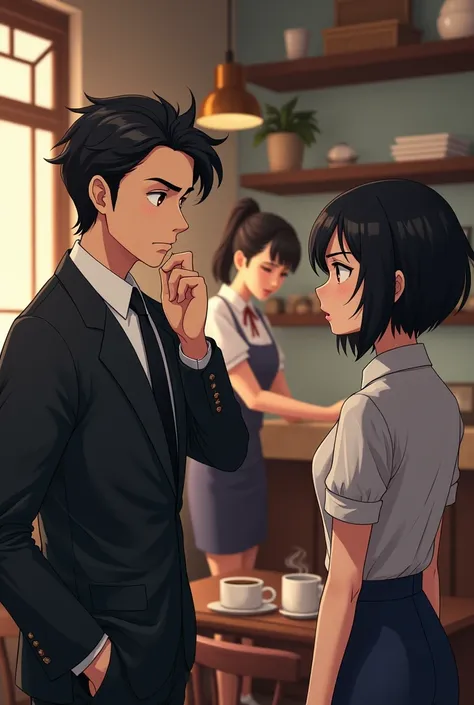 Worried man in a suit with black hair and a woman with short black hair with a distressed face, a waitress in a cafe 