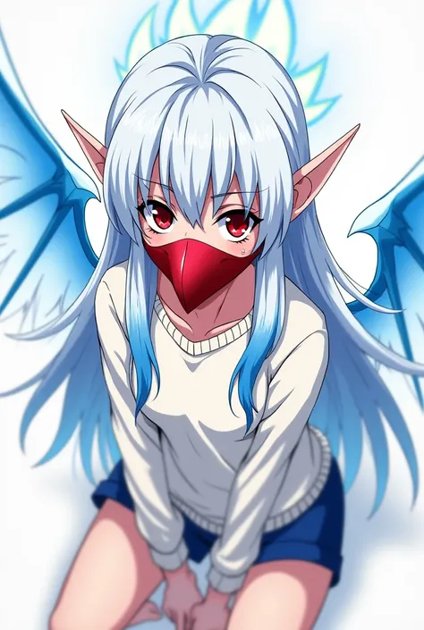 Anime style panel a girl, long hair, pointed at the bottom, white hair with blue tips and blood red eyes, a scar covering half of her face on the left side, elf ears, blue wings, when she gets angry or excited her hair turns into white fire, wears a red mu...