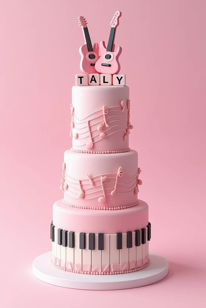 (photorealism:1.2), a tall pastel pink cake with small pink and black electric guitars topper on top of letter blocks topper with the word TALLY, all uppercase. The upper part side of the cake, have music notes while on the bottom part are piano keys.