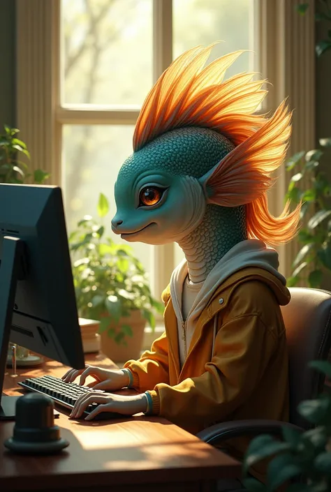 (photorealism:1.2), beautiful fish, sitting on gaming setup, wearing cool outfit, curly hair, indoors, soft lighting, plants in background, window with sunlight, cozy room, realistic, intricate details, warm colors, by Greg Rutkowski, by Alphonse Mucha