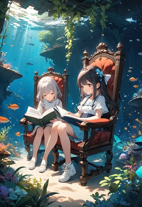 (best quality, masterpiece, ultra-highres, ultra-detailed) ,absurdity,in deep sea,(broad-leaved groves at the bottom of the deep sea), two girls are sitting on chairs and reading books.tween,cute,detailed face,