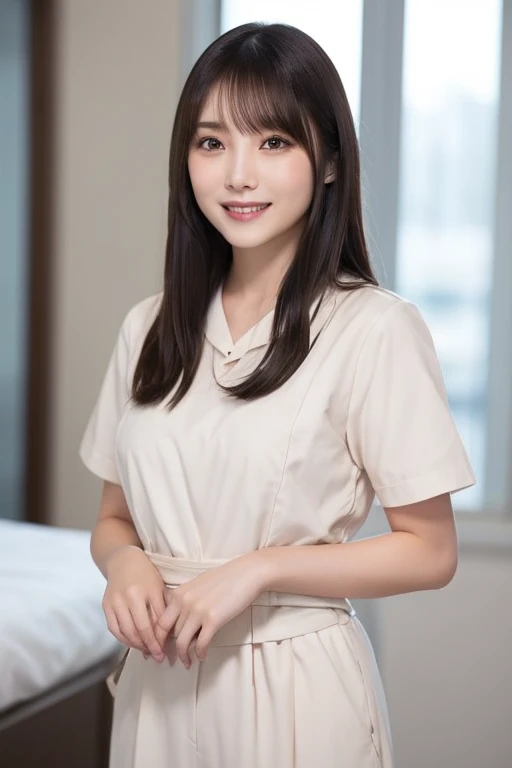 Japanese adult beauty、20th Generation、Black Lob Hair、The white uniform worn by nurses、pants、You can feel the waist tightening even when wearing clothes....、Attractive body、Good breast shape、big、Nameplate hanging from neck.、Beautiful Smile
