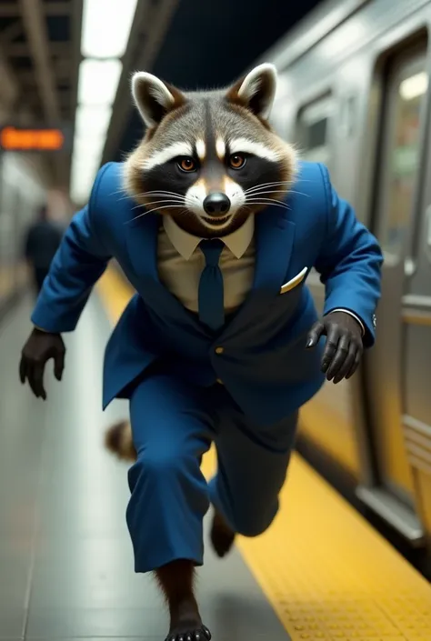 Tall Gray Aggressive Raccoon in Blue Suit and Tie Runs After Subway Train.