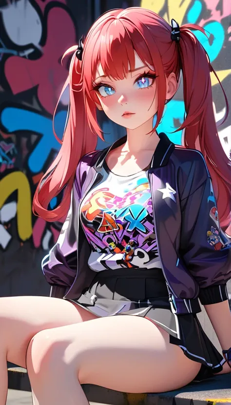 adult female character sitting, with red hair. This character wears a purple and black jacket with an anime design and a black short skirt.. With a graffiti background, anatomically correct, best quality, HD, Blue eyes, c4d, 8K Octane, 3d rendering, Nose B...