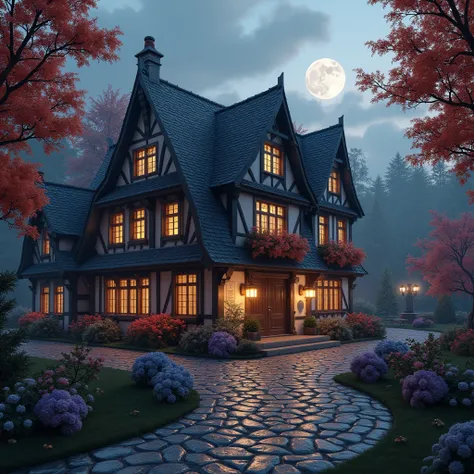 masterpiece, The best quality, high quality, extremely detailed CG 8k wallpaper unit, scenery, exterior, establishment, medieval tavern, autumn sky, autumn dusk, Autumn-Winter, cloudy sky, big moon shining, Award-winning photography, depth of field, HDR-10...