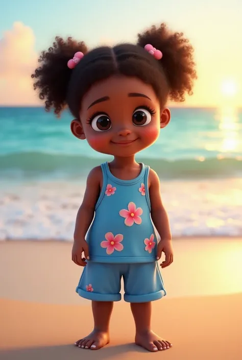 Black child on the beach with pigtails, blue clothes with pink flowers, , curly hair 