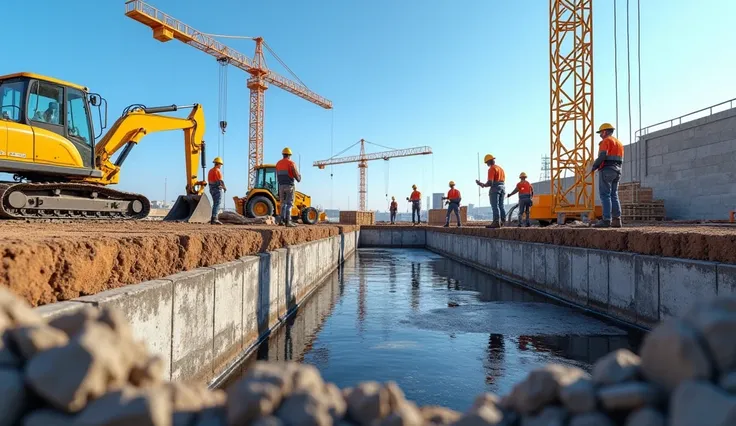 Create a high-resolution image of a construction site showcasing a building in the early stages of construction, focusing on the foundation. Include visible concrete footings, rebar, and excavation work, with construction equipment like a backhoe and scaff...