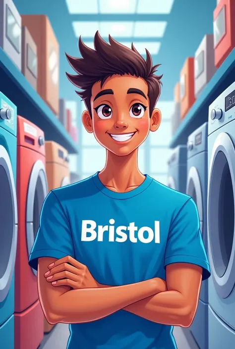 Create a sales consultant with a youthful style blue uniform t-shirt that says Bristol , background of appliances for sale showing confidence in cartoon