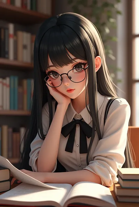 Beautiful 3D girl with black hair and black bow, with glasses, Studying 