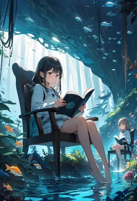 (best quality, masterpiece, ultra-highres, ultra-detailed) ,absurdity,in deep sea,(broad-leaved forest at the bottom of the deep sea), two girls are sitting on chairs and reading books.tween,