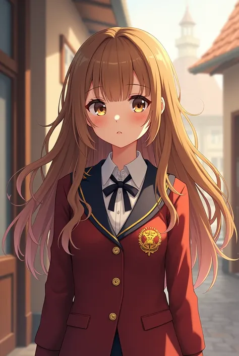 a girl with long light brown hair and a Haffupaff uniform 