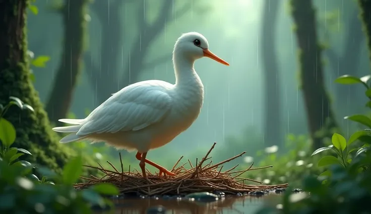 Generate 3d animated image of white pegion bird collecting sticks in rain in the forest 