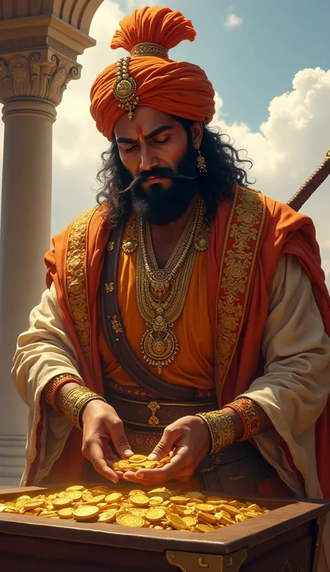 The King is  is bending down to take some gold coins from his treasure which inside his royal palace . He is Chhatrapati Shivaji Maharaj tall and proud. He is wearing traditional Maratha warrior attire, which includes a saffron-colored turban adorned with ...