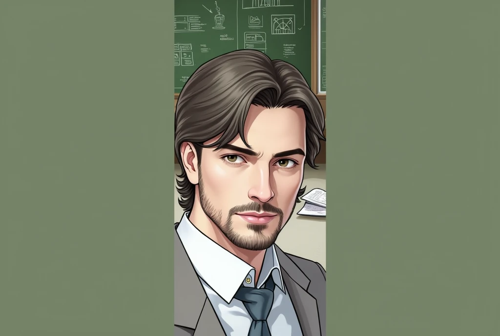 Photorealistic image of a European man, white skin color, dressed in a suit, age 35, look in the eyes, small beard, medium hair, brown eyes, well dressed. The photo is in an expensive office. In the background a blackboard with charts, all detailed, a desk...