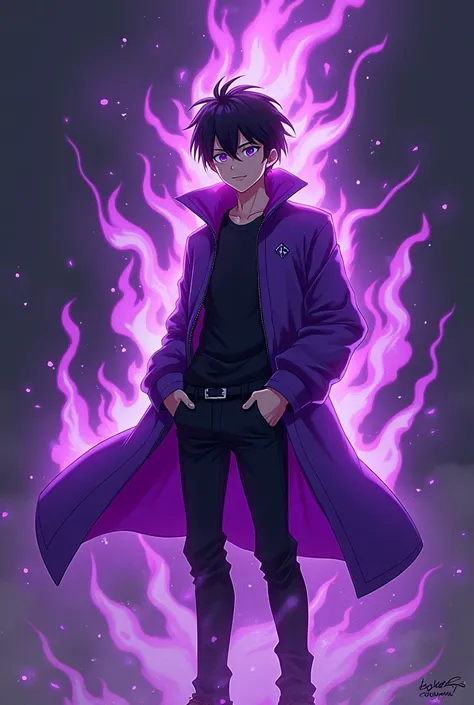 A anime boy with purple jacket and purple flams around him black pant