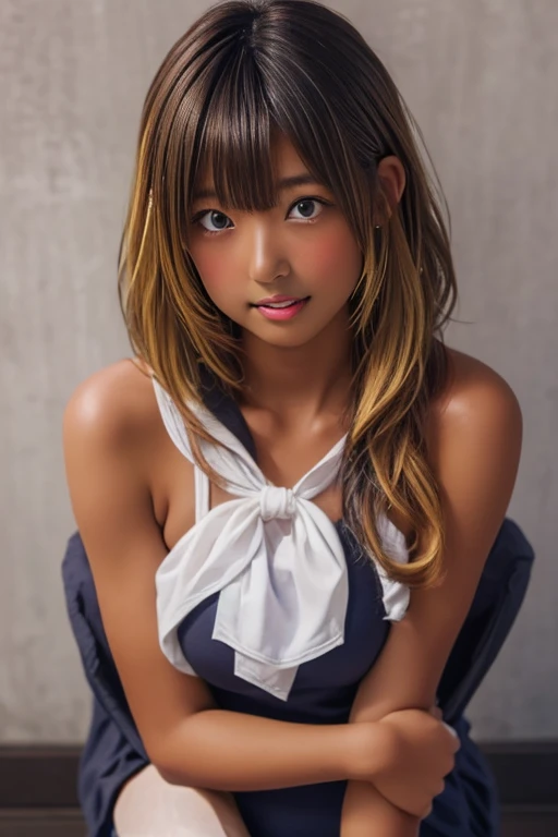 (((( one girl )))), Put your hand over your mouth、Beautiful breasts、 Brown eyes, ((Gal Hairstyles)) blonde, girl, (Eye and facial details:1.0), break, (masterpiece, Highest quality, Very detailed, Detailed face, 8k),( dark skin:2.05 ), (((( school swimsuit...