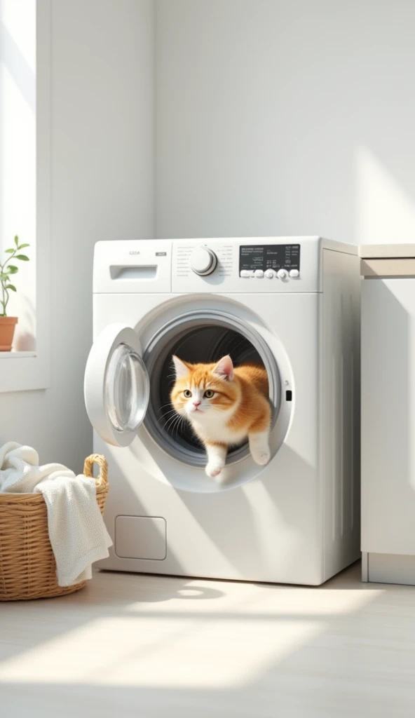 In a simple laundry room with whitewashed walls, a white modern washing machine sits open in the corner of the room. A tiny fluffy orange-white fluffy cat, jumped into the open washing machine, Nearby, there was a laundry basket with some clothes lying on ...