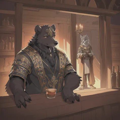 a majestic old wolf in a sorcerer's robe, a regal black bear in ornate armor, and a bartender white bear standing in front of a ...