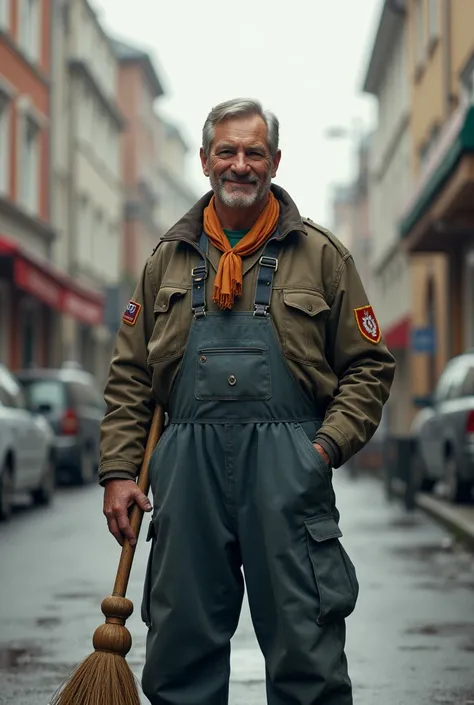 street cleaner  ,  Russian, in work clothes, smiles, stands straight with a broom in his hand