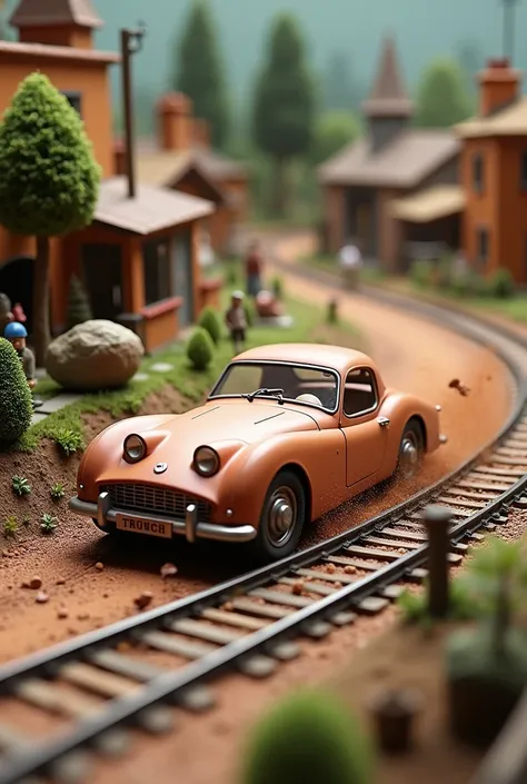 Here’s a prompt for generating that image:

"Create a detailed scene featuring a clay model of a Triumph TR3 car racing through a railway model diorama. The diorama should include miniature train tracks, small buildings, trees, and people, with the Triumph...