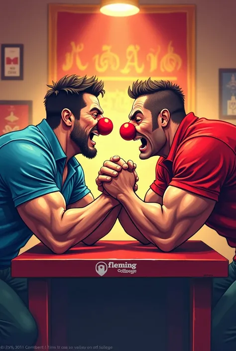 Make a poster for an arm wrestling tournament/overdue on a school day (put small in a corner Fleming College) called "Red Nose Day". (Give the participants red noses, both with polo and public behind).