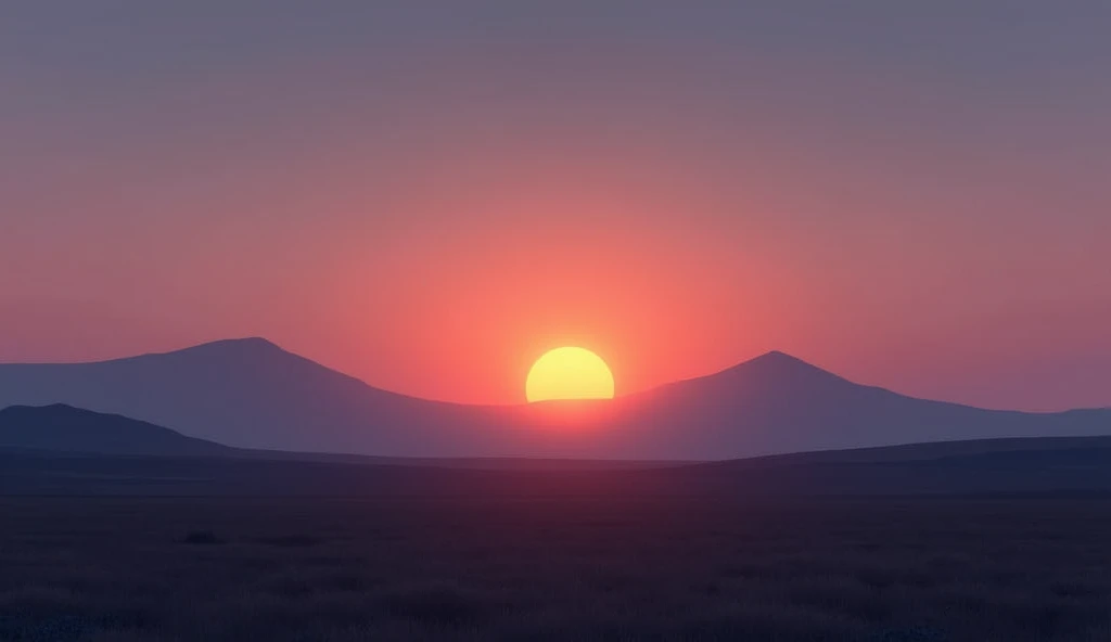 Evening Twilight with Setting Sun: Illustrate a serene evening sky with a partially visible setting sun, casting a soft orange glow over a quiet, barren field with a mountain in the background.