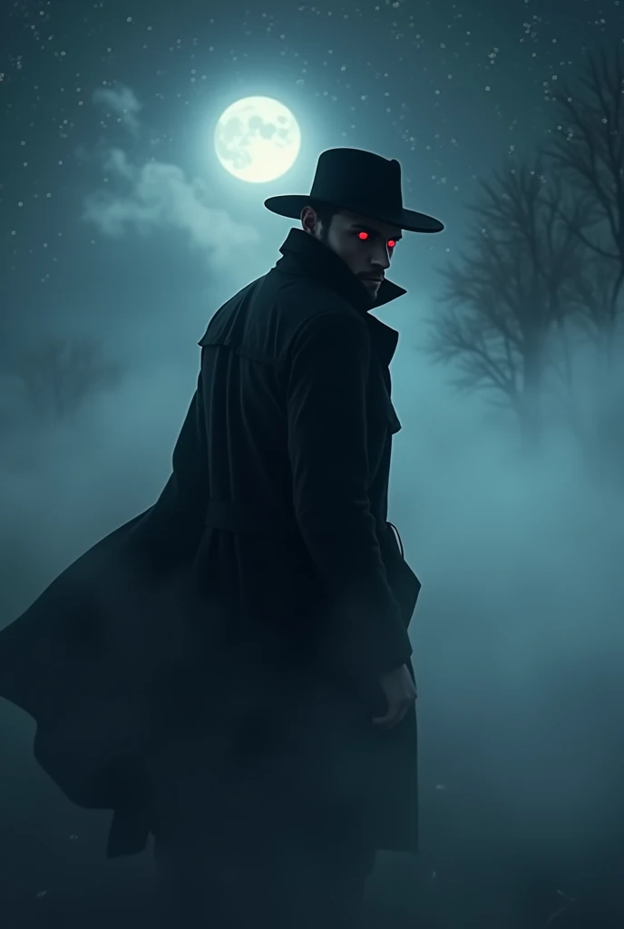 Plano general, mid body, (man in black trench coat and hat emerging from thick fog:1. Profile red eyes) A starry night, Gloomy and foggy atmosphere, realistic, strong appearance, , ((The best quality, masterpiece)), ((more details)), impression:1,1, 8K