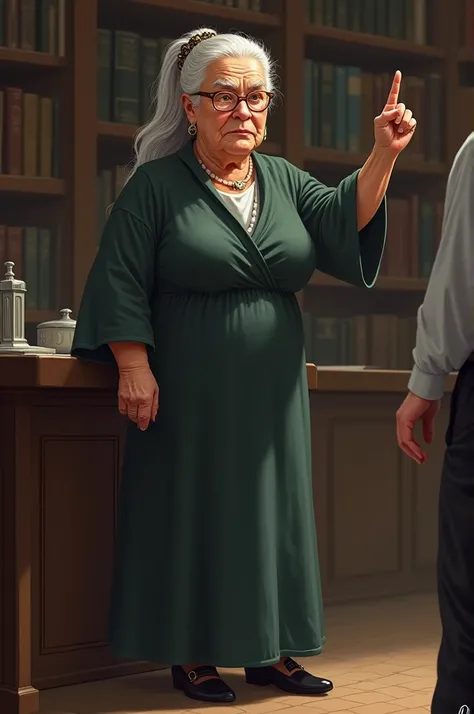 Old wrinkly skin Caucasian long salt and pepper haired librarian with a hair scrunchie pulling her hair back, small frameless round glasses hanging on the top of her noise, wearing a full gown covering  from her neck to her ankles, wearing black point toe ...