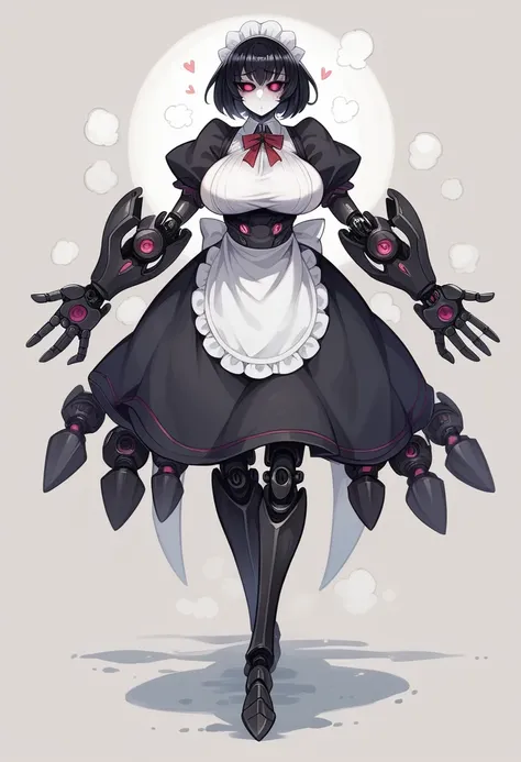 Full body, maid automaton woman, milf, automaton of Monster girl encyclopedia, automaton monster girl, full white skin, black hair,automaton arms, automaton legs, human body, Anime style, sweat on the body, Air around visible of breath and heat, big breast...