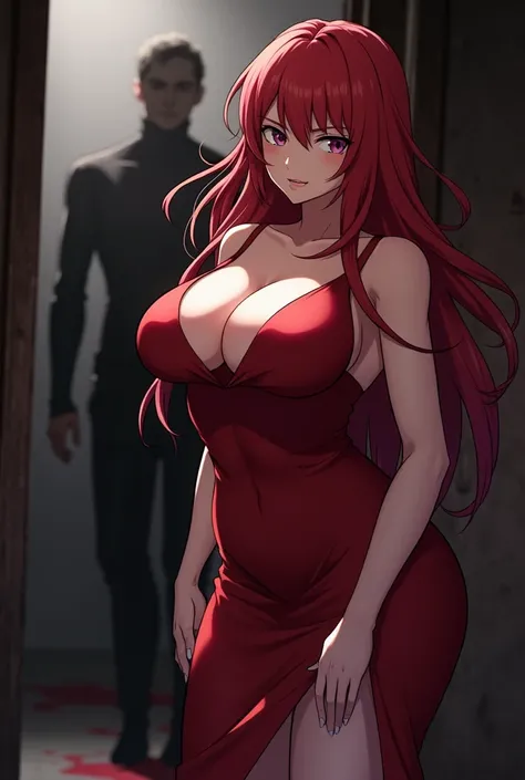 Rias gremory, big breasts,giant glutes,1 man behind her,she lowered,