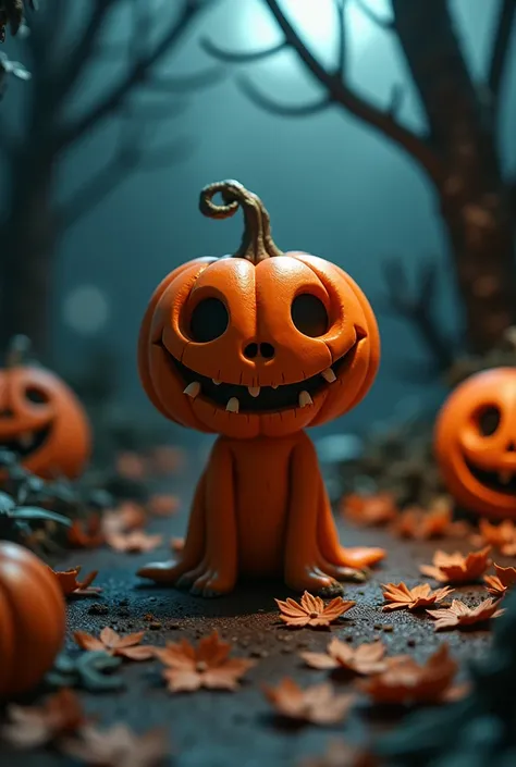 (Best Quality、masterpiece、High resolution)、Clay Art、Clay animation、4K Anime Art、Tim Burton style、Dirty color、Jack-o&#39;-lantern spreading happiness、Jack-o&#39;-lantern that collects misfortune、Pumpkin Ghost、Dim lighting、A scene from a movie、Halloween