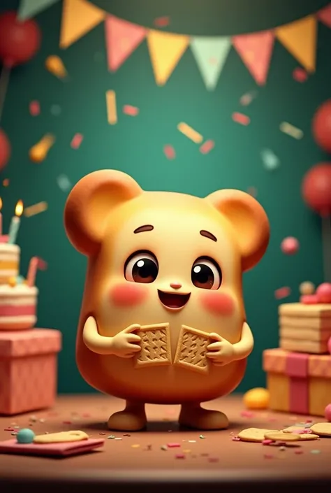 Generate a cute bread with eyes and smile and crackers in the hand in dark green birthday hall colour with cake on mouth, colour papers, gifts, fire crackers , color ribbons in webpage landscape ratio